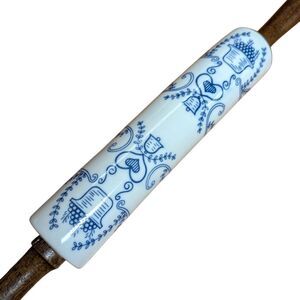 Vintage Delft Blue and White Ceramic Rolling Pin with Birds Berries Pattern